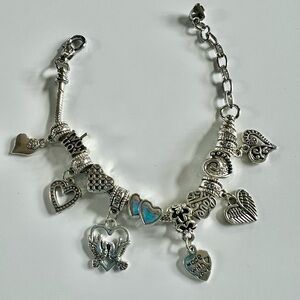 Silver Charm Bracelet with Heart Accents